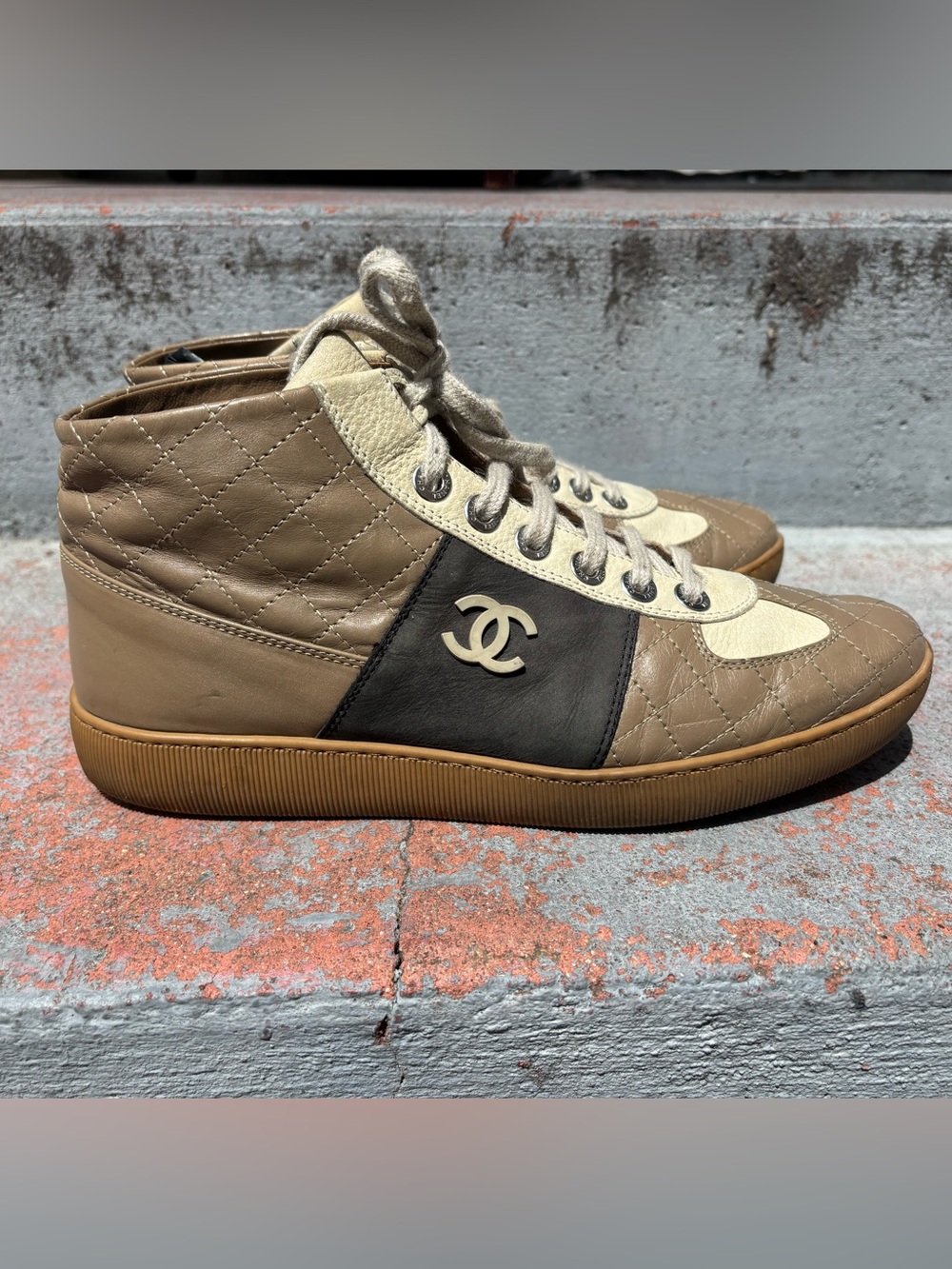 Authentic CHANEL Taupe, Black & Cream Quilted High-Top Sneakers 41
